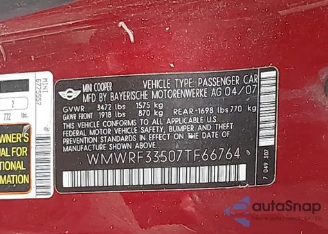 2007 Mini Cooper z USA, uszkodzony, nr VIN WMWRF33507TF66764